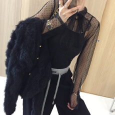 批发韩版纯欲绑带圆点波点半高领长袖蕾丝衫洋气减龄叠穿透视上衣