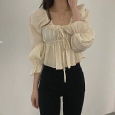批发<b class='q'>韩版</b>chic甜美气质V领长袖木耳边雪纺衫绑带褶皱百搭显瘦<b class='q'>衬衫女</b>