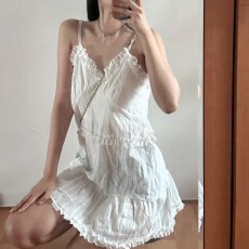 韩版优雅芭蕾风小众纯欲风透视吊带裙美式花边连衣裙女