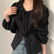 批发<b class='q'>韩版</b>chic早春甜美减龄单排扣飘带拼接木耳边宽松百搭泡泡袖<b class='q'>衬衫女</b>