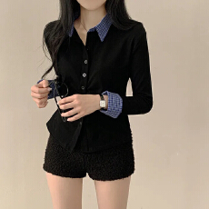 韩版设计感POLO领撞色翻领褶皱休闲百搭显瘦短款长袖T恤上衣