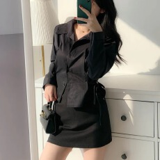 批发<b class='q'>韩版</b>chic法式小众设计感绑带收腰显瘦单排扣翻领<b class='q'>长袖</b>衬衫上衣
