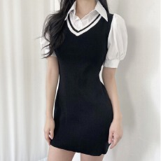 批发韩版假两件撞色泡泡袖连衣裙子夏季女装收腰又甜又辣包臀短裙子