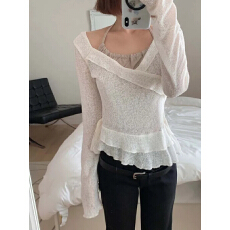 批发韩版假两件拼接吊带针织衫女设计感荷叶边修身上衣T恤