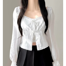 批发韩版短款绑带长袖衬衫女蝴蝶结拼接蕾丝花边甜美衬衣上衣