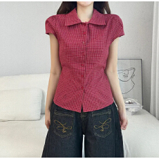 批发韩版简约美式红格翻领短袖衬衫上衣辣妹修身显瘦打底衫
