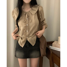 韩版chic早春甜美减龄单排扣飘带拼接木耳边宽松百搭泡泡袖衬衫女