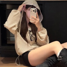 批发韩版chic防晒简约经典格纹连帽长袖时尚洋气下摆抽绳<b class='q'>衬衫</b>外套女装