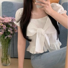 批发韩版衬衫女夏甜美小众蝴蝶结绑带<b class='q'>短袖</b>荷叶边短款小上衣