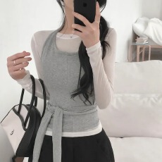 韩版百搭设计感挂脖系带叠层设计长袖T恤