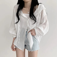 批发韩版连帽轻薄防晒衣<b class='q'>外套</b>宽松慵懒设计单排扣纯色衬衫上衣