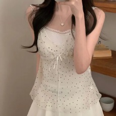 韩版拼接设计感网纱波点透视绑带背心吊带