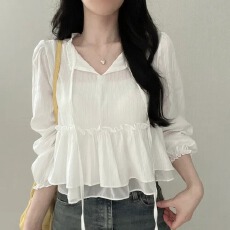 批发韩版小众减龄<b class='q'>宽松</b>百搭双层长袖<b class='q'>雪纺衫</b>气质减龄木耳边绑带上衣