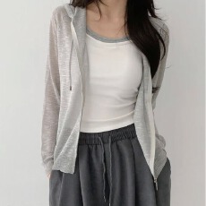 批发韩版松弛感连帽领拉链开衫宽松薄款针织衫女长袖外套