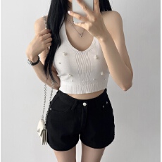 批发韩版钉珠绝美挂脖吊带背心女内搭辣妹修身美背露肩外穿针织上衣夏