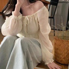 批发<b class='q'>韩版</b>慵懒感<b class='q'>雪纺</b><b class='q'>衫</b>绑带褶皱显瘦长袖休闲性感短上衣