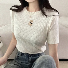 韩版圆领卡通小熊刺绣针织衫女温柔风麻花短袖毛衣