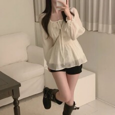 批发韩版慵懒感<b class='q'>雪纺衫</b>绑带褶皱显瘦长袖休闲性感短上衣