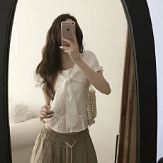 韩版衬衫女夏甜美小众蝴蝶结绑带短袖荷叶边短款小上衣