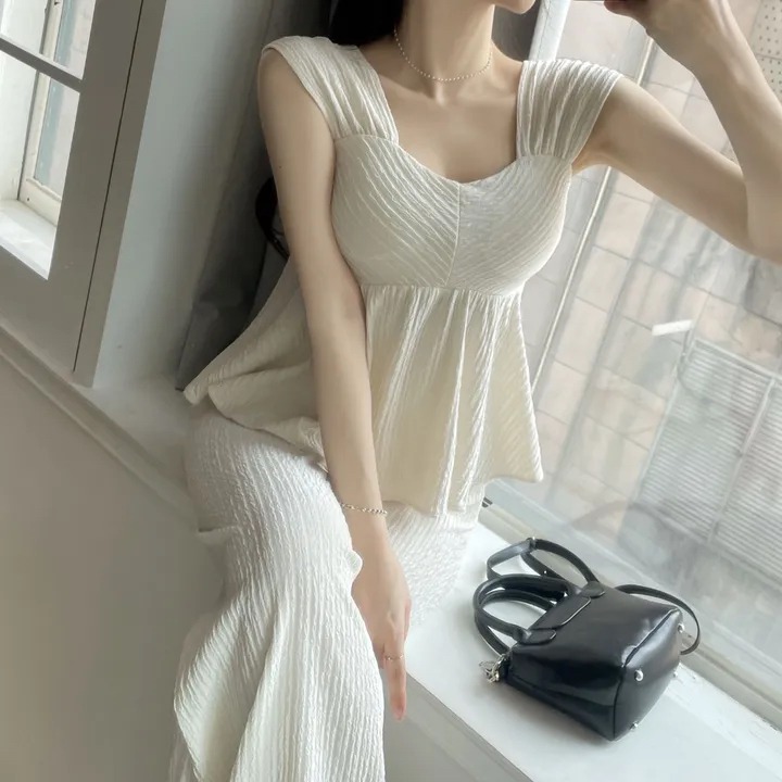 한국 스타일 광장 칼라 민소매 단색 캐미솔 하이웨이스트 도루 센스 루즈핏 와이드 레그 팬츠 투피스 세트