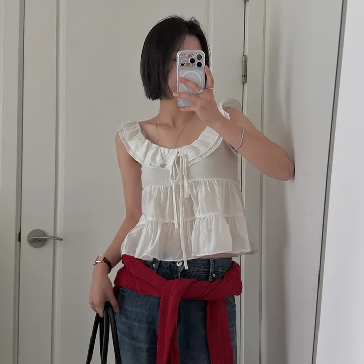 한국 스타일 다용도 스트랩 프릴 쉬폰 블라우스 대 네클라인 단색 민소매 인형 셔츠 조끼 맨위 여성