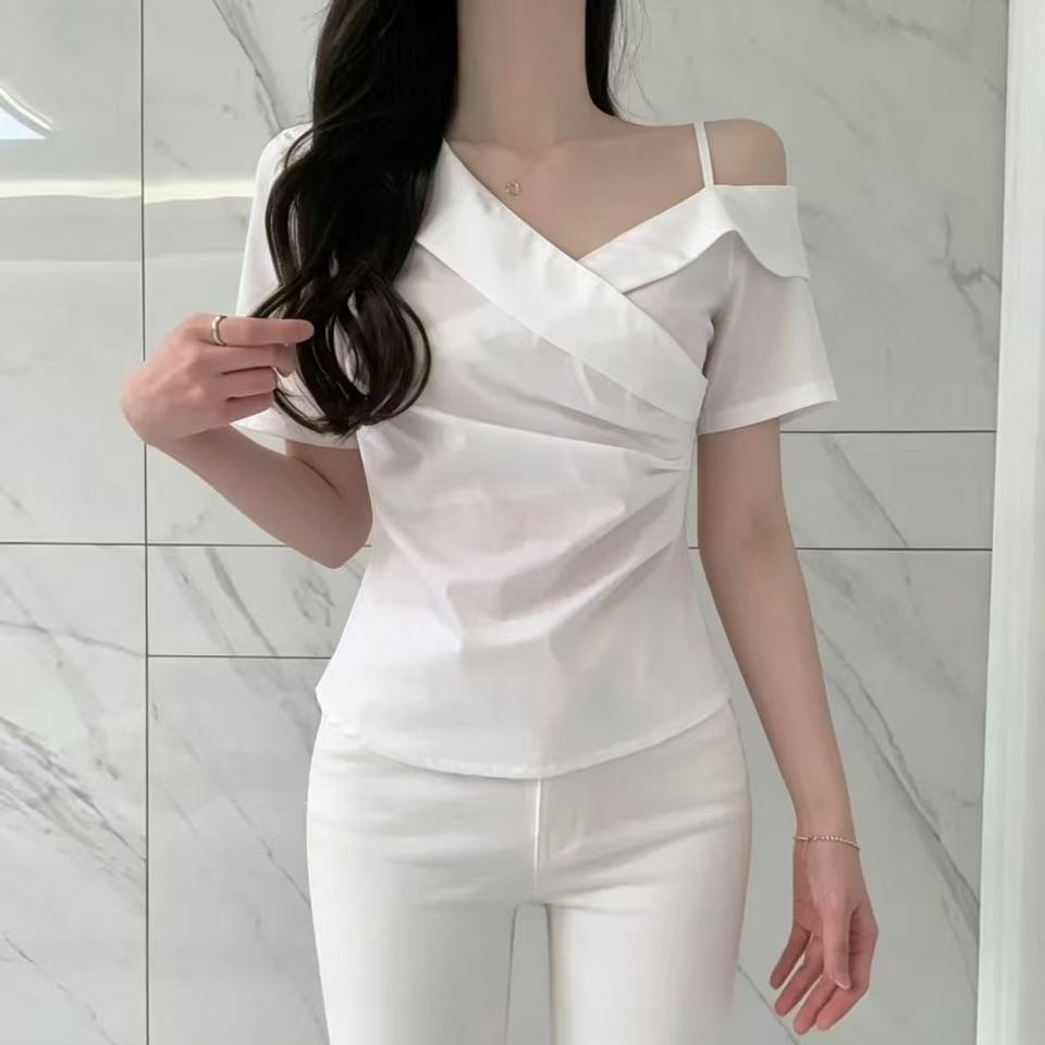 한 부서 chic Chic 오프숄더 반팔 여성 셔츠 2026 봄 새로운 품격 맨위 고유 한 슈퍼 잘 생긴 작은 셔츠