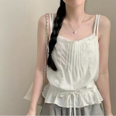 批发韩版甜美<b class='q'>雪纺衫</b>减龄纯色蕾丝边拼接细带收腰吊带背心上衣女