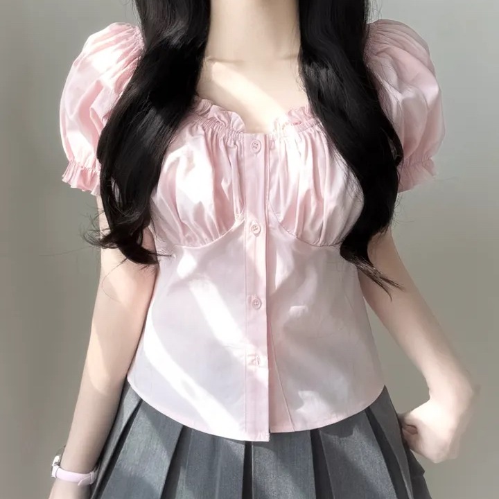 한국 스타일 작은 대중 프릴 거품 소매 여성 셔츠 쉬폰 블라우스 연령 감소 싱글 줄 버튼 슬림해 보이는 반팔 맨위
