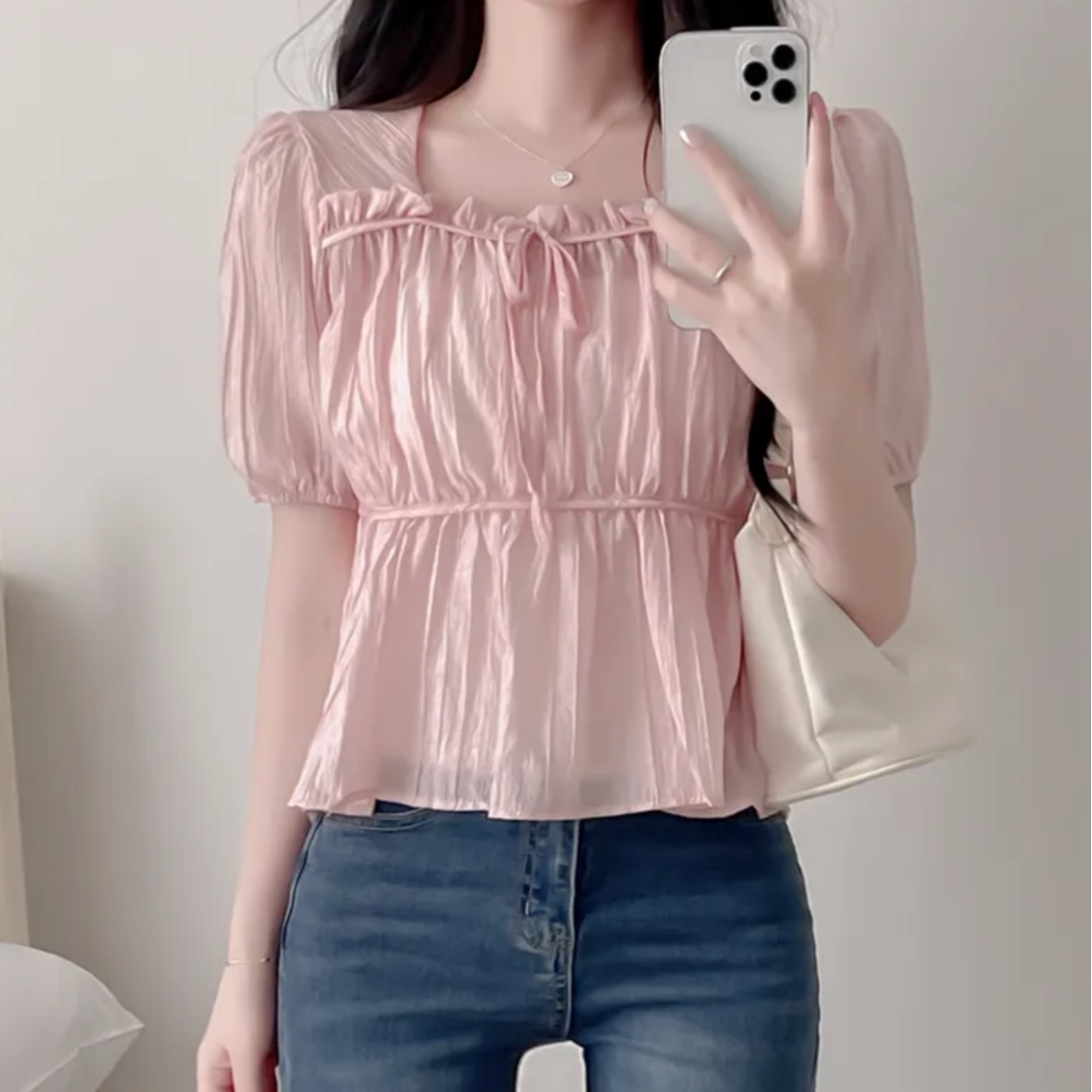 한국 스타일 광장 칼라 펌프 로프 쉬폰 블라우스 허리 수축 가슴 레이스업 단색 반팔 주름 셔츠
