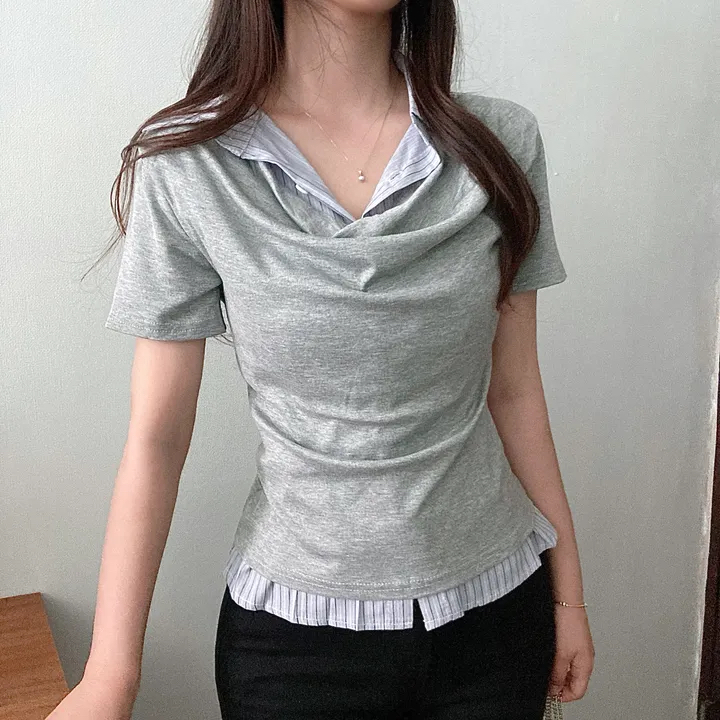 한국 스타일 다용도 페이크 레이어드 셔츠 패치워크 말뚝 더미 칼라 몸매 가꾸기 반팔 티셔츠