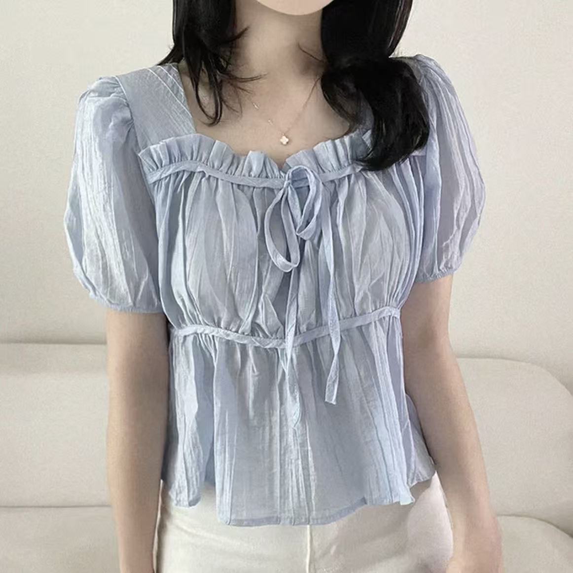 한국 스타일 광장 칼라 펌프 로프 쉬폰 블라우스 허리 수축 가슴 레이스업 단색 반팔 주름 셔츠