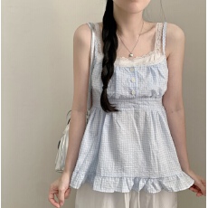 批发韩版减龄格子蕾丝花边拼接假两件吊带女薄款叠穿收腰显瘦<b class='q'>雪纺衫</b>