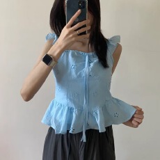 批发韩版芭蕾风镂空<b class='q'>花朵</b>刺绣吊带衫女荷叶边绑带甜美雪纺衫上衣