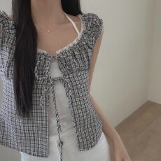 批发韩版格子挂脖吊带抽褶绑带格子<b class='q'>衬衣</b>开衫假两件短袖上衣