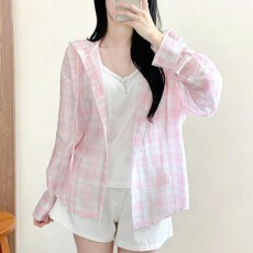 批发<b class='q'>韩版</b>百搭格子连帽薄款衬衫女春夏秋款韩系俏皮减龄洋气格纹防晒衣
