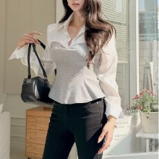 批发韩版撞色翻领拼接假两件撞色修身显瘦收腰长袖衬衫女小衫
