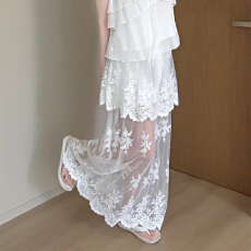 批发韩版蕾丝拼接花边半身裙女2026秋季新款高腰显瘦中长款网纱a字裙