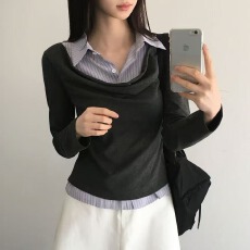 批发<b class='q'>韩版</b>百搭假两件<b class='q'>衬衫</b>拼接堆堆领修身长袖<b class='q'>T</b><b class='q'>恤</b>