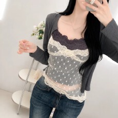 批发韩版时髦精女纯欲蕾丝拼接吊带背心+<b class='q'>休闲</b>百搭纯色开衫两件套