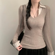 批发<b class='q'>韩版</b>设计感假两件拼接<b class='q'>衬衫</b>女v领长袖<b class='q'>t</b><b class='q'>恤</b>针织拼接修身显瘦上衣