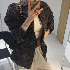 批发<b class='q'>韩版</b>复古豹纹长袖外套女新款秋冬加厚外搭衬衫宽松长袖上衣