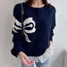 批发韩版蝴蝶结提花<b class='q'>长袖</b>毛衣女拼接木耳边下摆<b class='q'>长袖</b>针织<b class='q'>小衫</b>