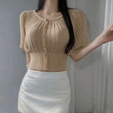 韩版温柔甜美风蝙蝠袖t恤女2026新款收腰显瘦短款风琴袖针织上衣