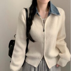 韩版设计感双拉链翻领拼接牛仔针织开衫毛衣女外套