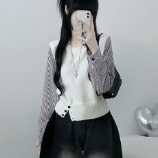 批发韩版条纹假两件拼接<b class='q'>衬衫</b>毛针织衫长袖短上衣