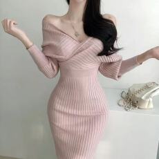 批发韩版v领针织长袖连衣裙女秋冬季内搭打底气质收腰修身包臀长裙子