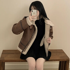 韩版复古皮毛一体麂皮机车服女款宽松休闲时尚洋气时髦棉外套