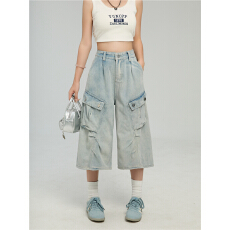 批发实拍美式高街牛仔<b class='q'>七分</b>裤女男夏季潮流宽松阔腿裤水洗做旧工装短裤