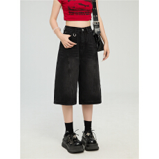 批发实拍美式复古水洗五分<b class='q'>牛仔</b><b class='q'>短裤</b>女夏季<b class='q'>高腰</b>宽松显瘦直筒阔腿中裤子