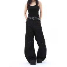 批发现货<b class='q'>大码</b>美式辣妹铆钉弯刀裤男女秋冬新款复古水洗vibe风拖地<b class='q'>长裤</b>